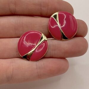 VINTAGE Round Gold-Tone & Pink Enamel Earrings